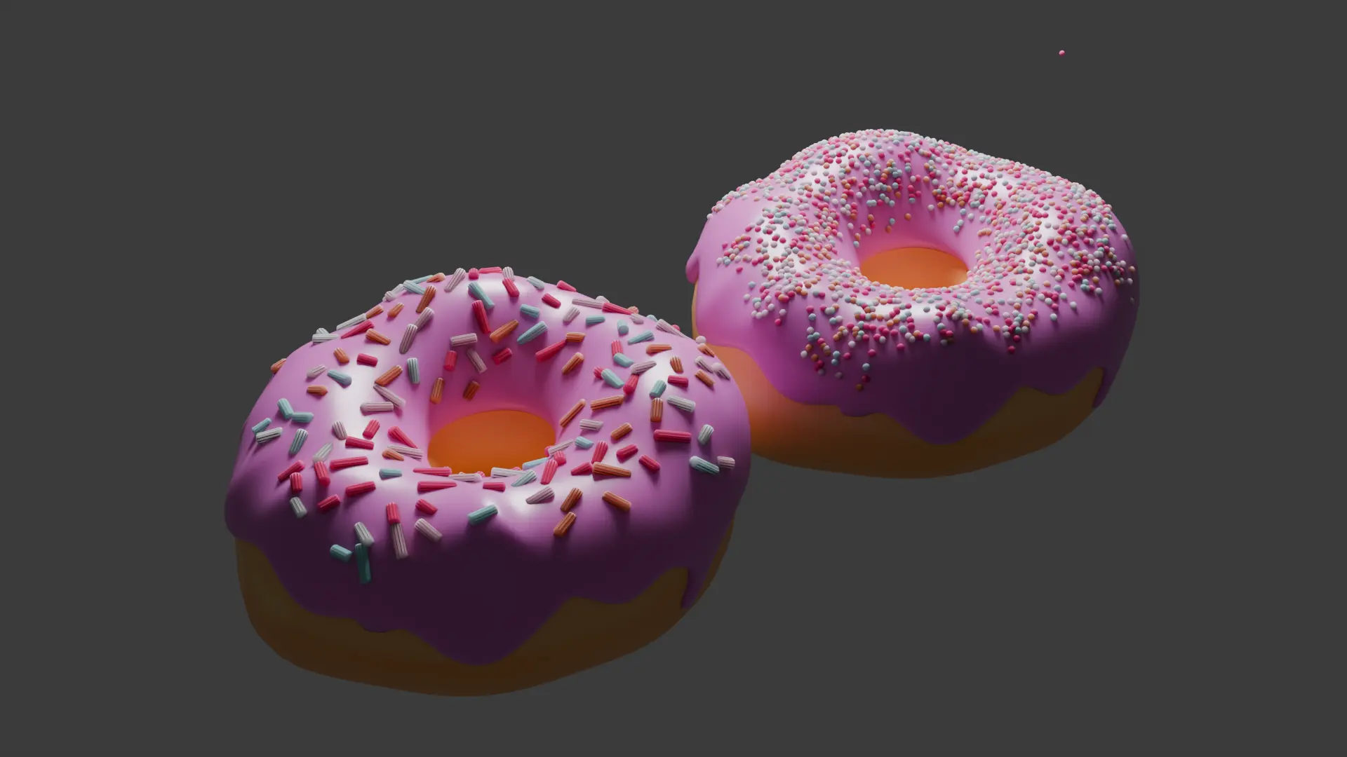 Render of two donuts. Both donuts are next to each other and have a pink colored icing on top. One of the donuts have a long sprinkles while the other one has round multicolored sprinkles