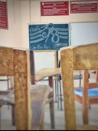 A blackboard in a classroom of a college building. There are some chairs facing the board as well. Time Flies. Chapter 3/8 completed is written of the board