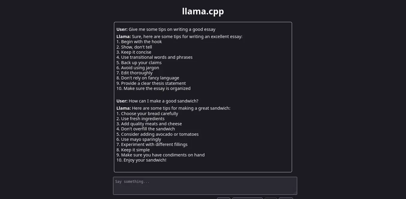 Screenshot of the web interface of running a llamafile.