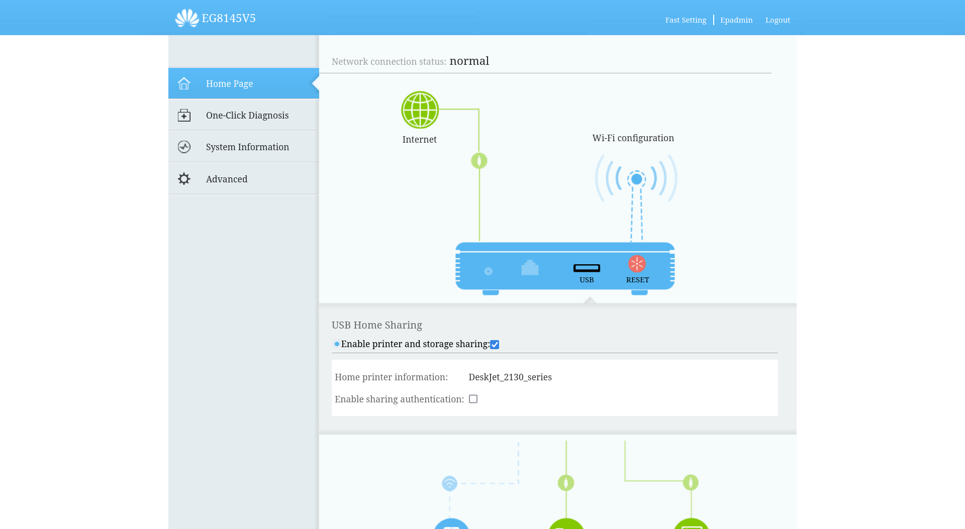 Screenshot of router gateway...choose the USB option on the router home page to access the settings of devices connected to the ISB port